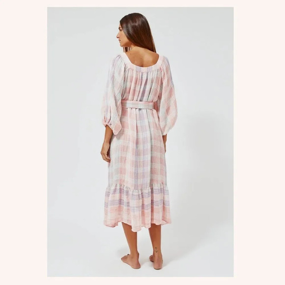 Lisa Marie Fernandez Linen Laure Madres Multi Plaid Gauze Midi Dress sz 0 - Picture 2 of 7